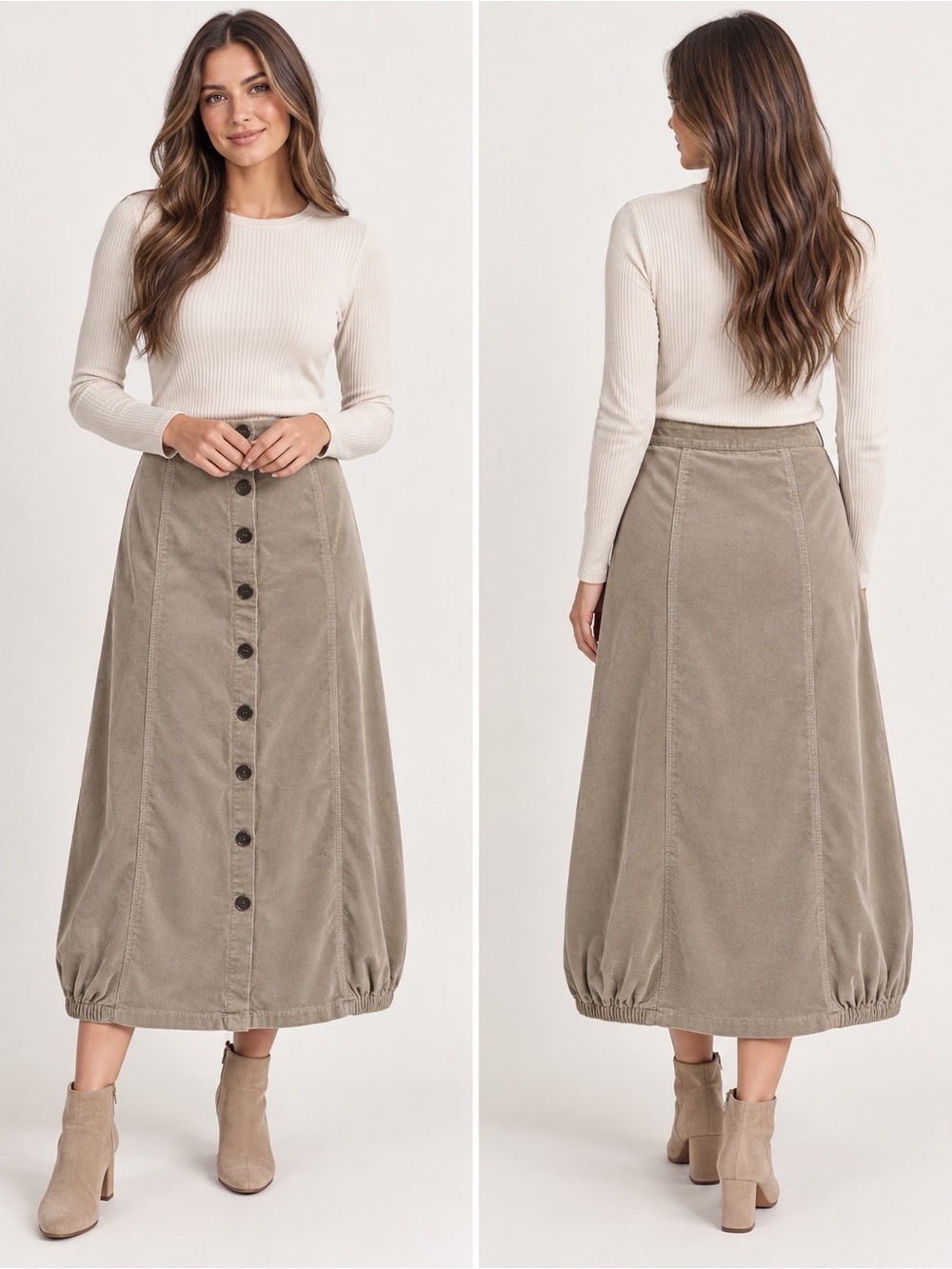 XCVI corduroy Women’s Button-Front Midi Skirt in Taupe size medium